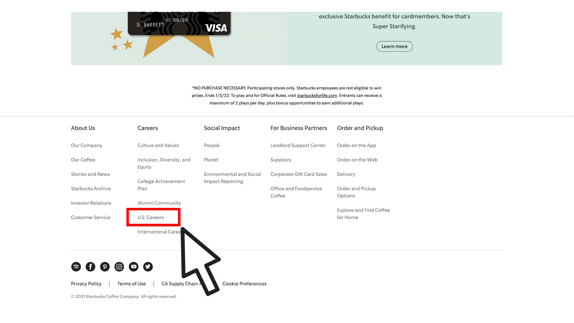 Starbucks website screenshot with employment opportunities