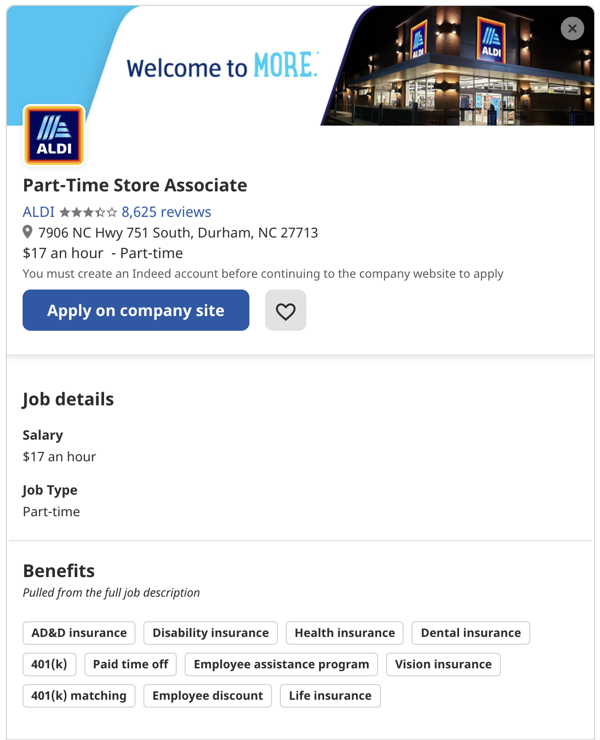 A job posting for a store associate at Aldi. This page lists job basics and benefits. 