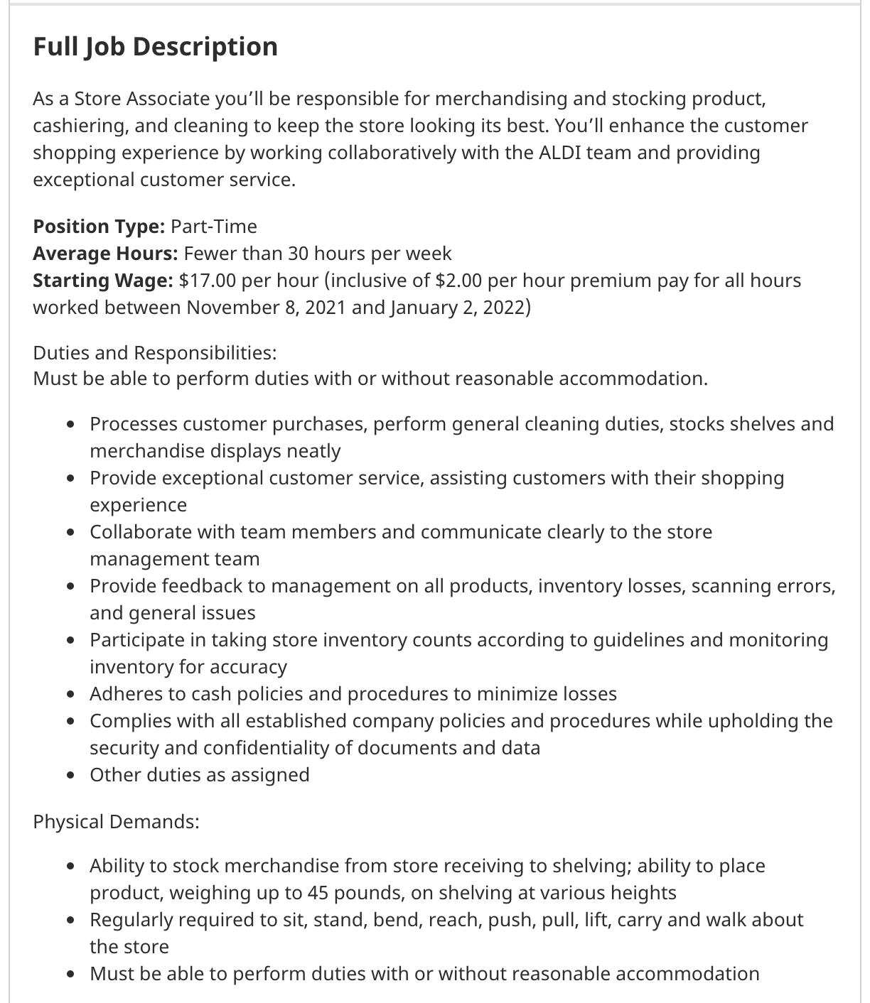 A job posting for a store associate at Aldi. This page lists duties, responsibilities, and physical demands. 
