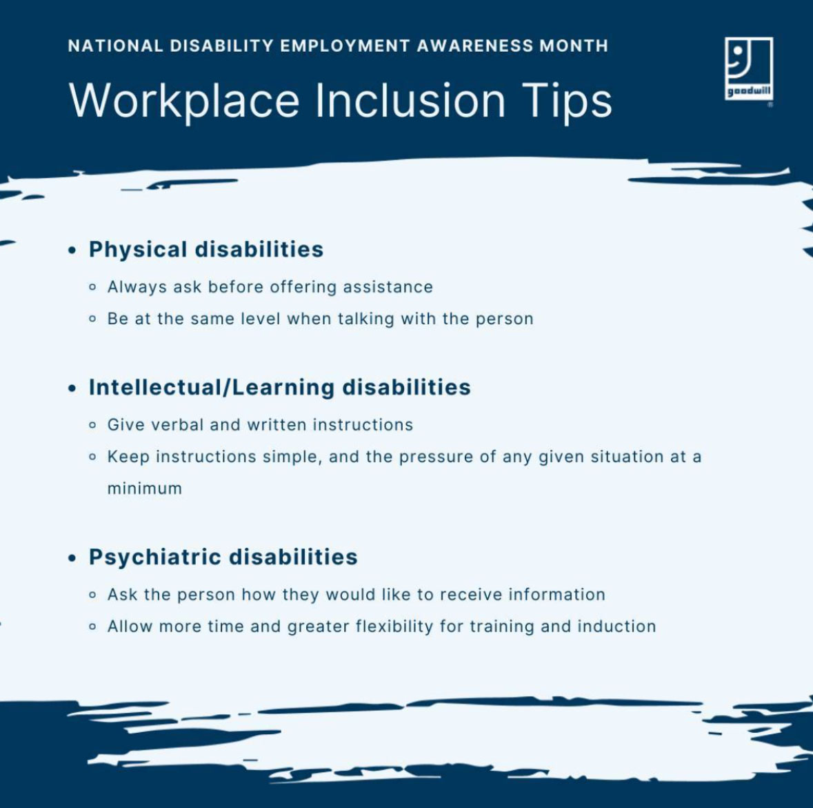 infographic showing inclusion tips for physical, learning, and psychiatric disabilities