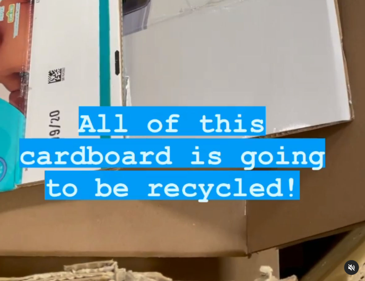 image of cardboard with text: all of this cardboard is going to be recycled!