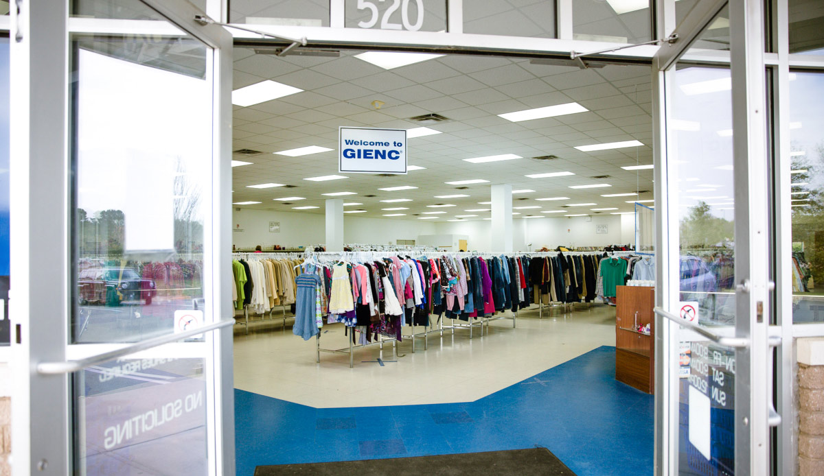 Goodwill store with doors open showing clothing