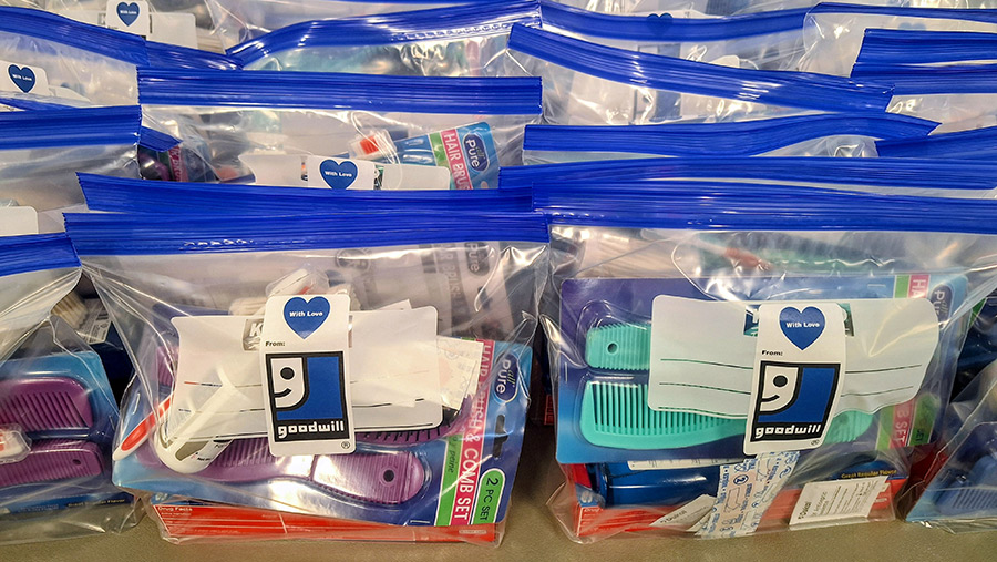 clear storage bags containing hygiene supplies