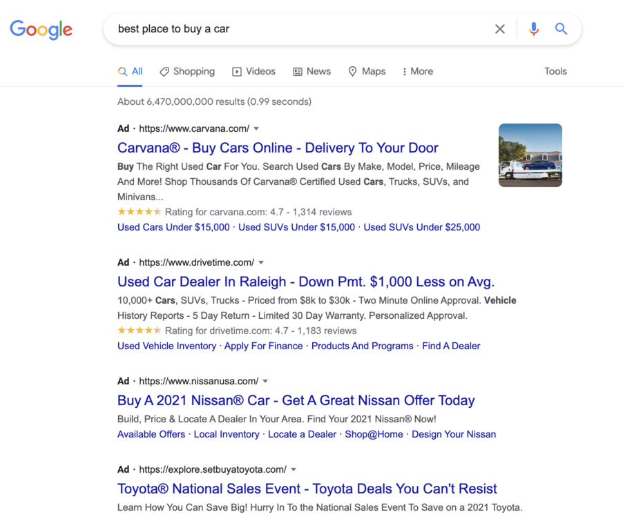 Google search with lots of ads in the results