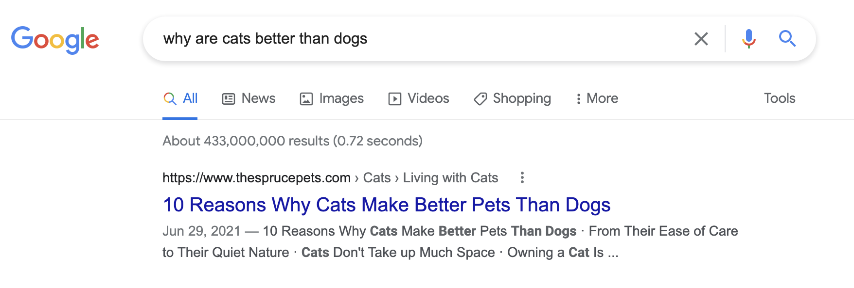 Google search results for why are cats better than dogs
